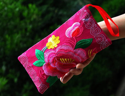 Long Double Sided Embroidered Wallet, Wrist Bag, Handheld Bag, Women'S Bag, Ethnic Style Cotton And Hemp Fabric Art Bag