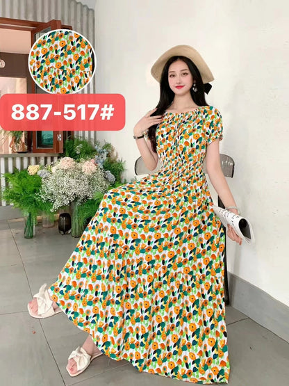Thhone Vestidos Robe Maxi Long Dress Women Summer Indian Clothes Bohemian Cotton Linen Floral Short Sleeve Korean Style Casual