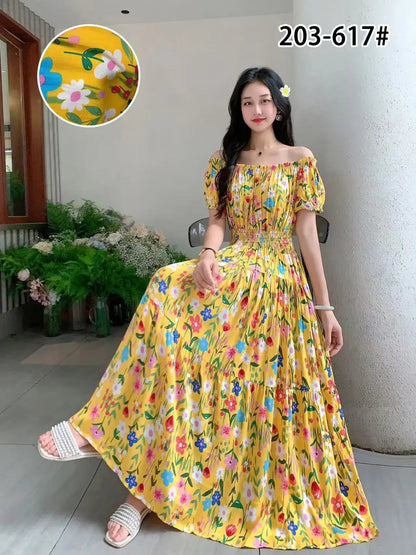 Thhone Vestidos Robe Maxi Long Dress Women Summer Indian Clothes Bohemian Cotton Linen Floral Short Sleeve Korean Style Casual
