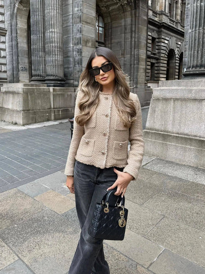 Women'S Jacket Coat Tweed Cropped Jacket New In Outerwears Autumn Winter Crop Jacket Woman Long Sleeve Elegant Short Coats