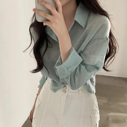Trendy Shirt Blouse Simple Thin Pure Color Anti-Uv Shirt Anti-Fade Shirt Top Women Solid Color Sun Protection Shirt Streetwear