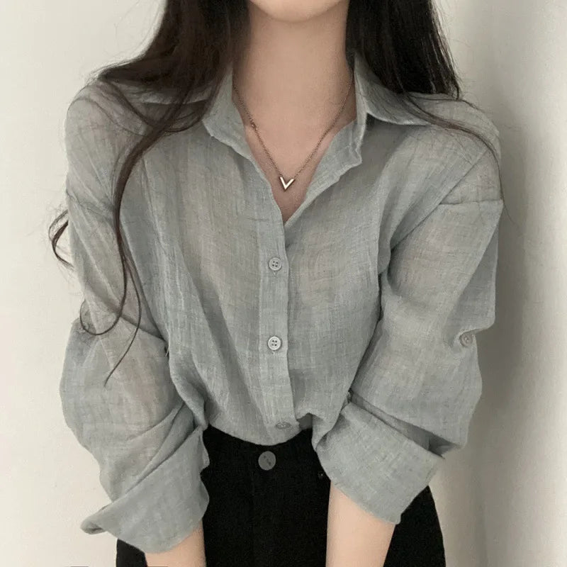 Trendy Shirt Blouse Simple Thin Pure Color Anti-Uv Shirt Anti-Fade Shirt Top Women Solid Color Sun Protection Shirt Streetwear