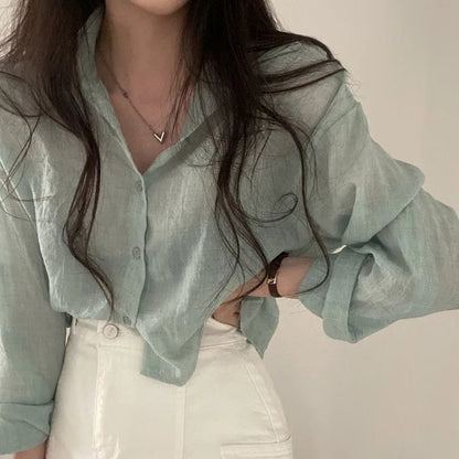 Trendy Shirt Blouse Simple Thin Pure Color Anti-Uv Shirt Anti-Fade Shirt Top Women Solid Color Sun Protection Shirt Streetwear