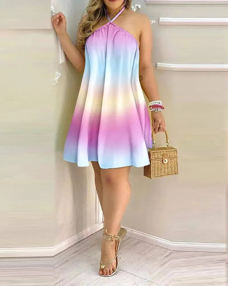 Tropical Print Halter Neck Dress, Vacation Style Backless Dress For Spring & Summer, Women'S Clothing