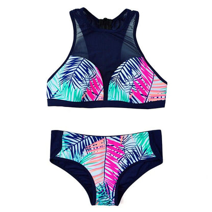 Two Piece Rash Guard Swimsuit Women Bikini Set Mid Waist Swimwear Stripe Leaves Surf Suit Zipper Patchwork Sleeveless Rashguard