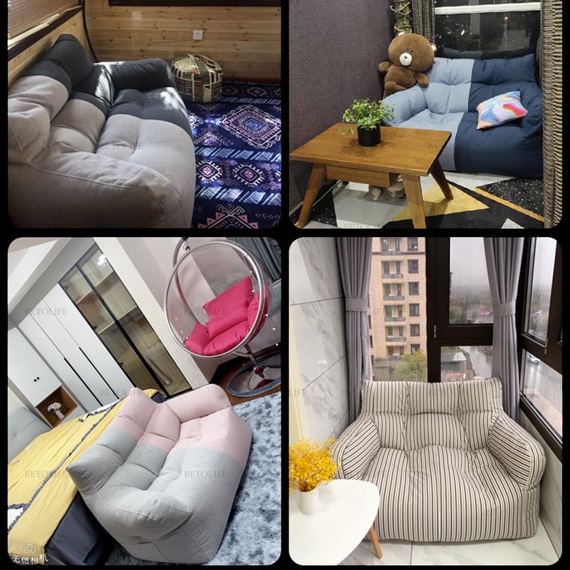Two-Seat Sofa Cover Giant Bean Bag Sofa Chair Cover No Filler Cotton Linen Lazy Sofa Couch Recliner Floor Seat Tatami