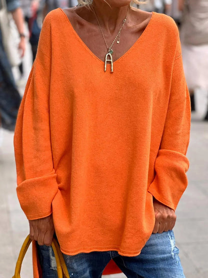 V Neck Knit Sweater, Casual Long Sleeve Dipped Hem Oversized Sweater, Women'S Clothing