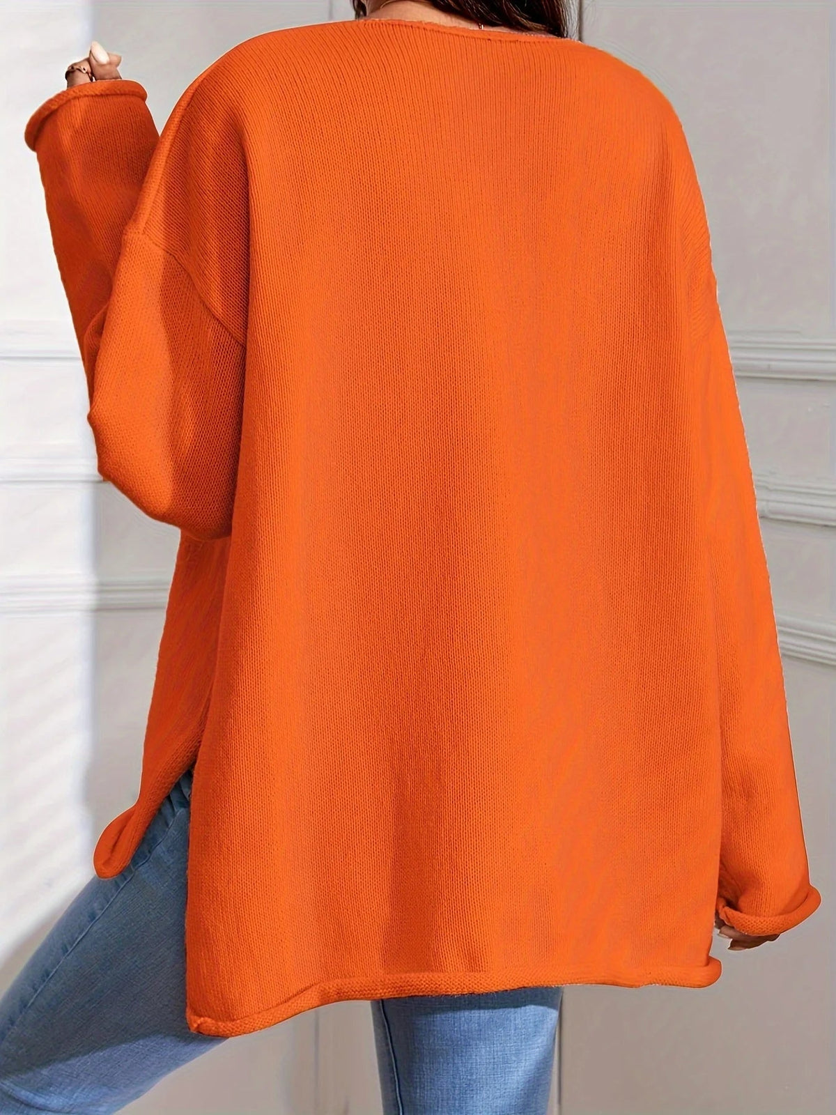 V Neck Knit Sweater, Casual Long Sleeve Dipped Hem Oversized Sweater, Women'S Clothing