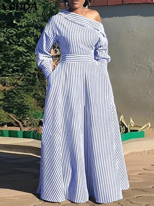 Vonda 2024 Women Elegant Striped Maxi Dress Bohemian Sundress Casual Loose Off Shoulder Long Sleeve Party Vestidos Robe Femme