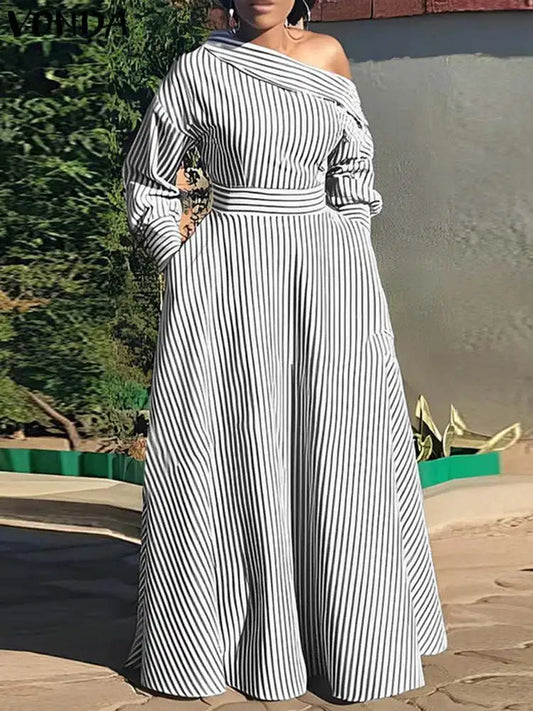 Vonda 2024 Women Elegant Striped Maxi Dress Bohemian Sundress Casual Loose Off Shoulder Long Sleeve Party Vestidos Robe Femme