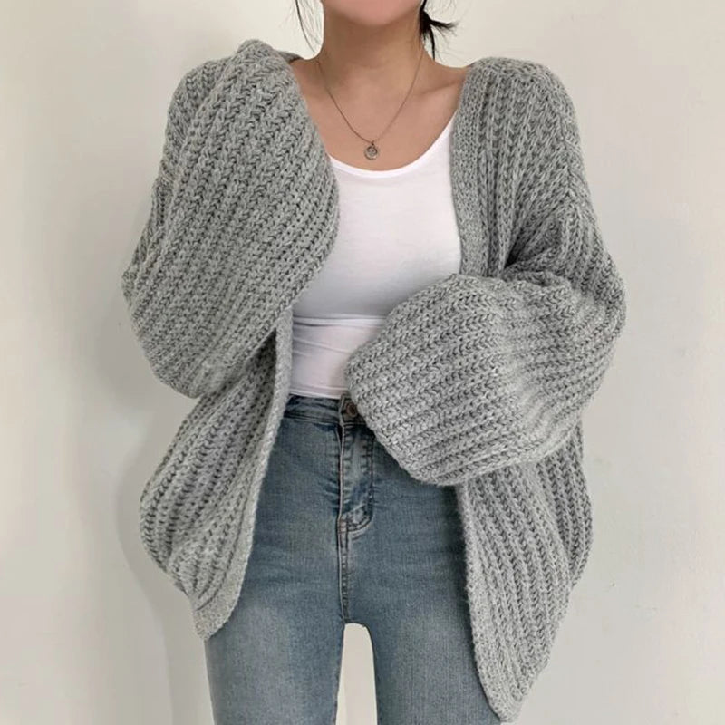 Vintage Harajuku Lantern Sleeve Women Cardigan Sweater Casual Korean Fall Streetwear Tops Coat Chic Lazy Wind Y2K Sweater