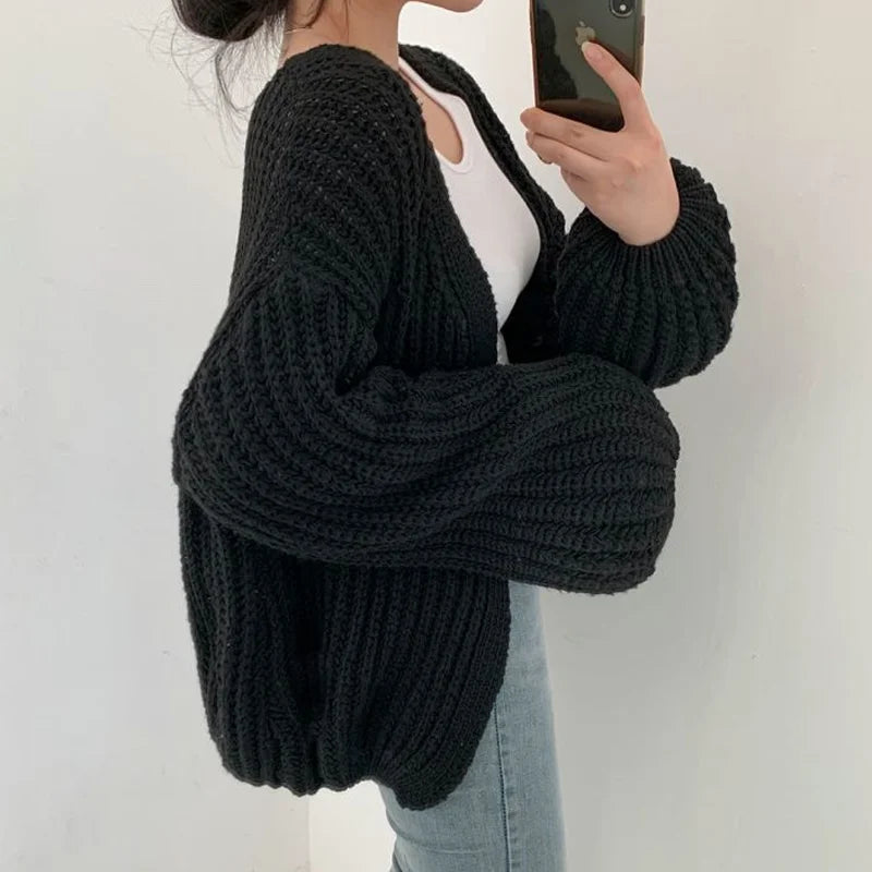 Vintage Harajuku Lantern Sleeve Women Cardigan Sweater Casual Korean Fall Streetwear Tops Coat Chic Lazy Wind Y2K Sweater