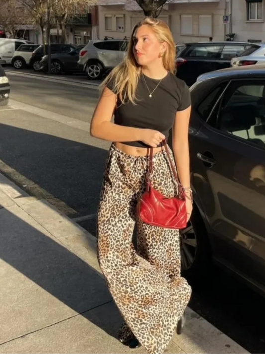 Vintage Leopard Print Pants Women Casual Loose Lace Up Wide Leg Trousers Female 2024 Summer Fashion All-Match Lady Streetwear