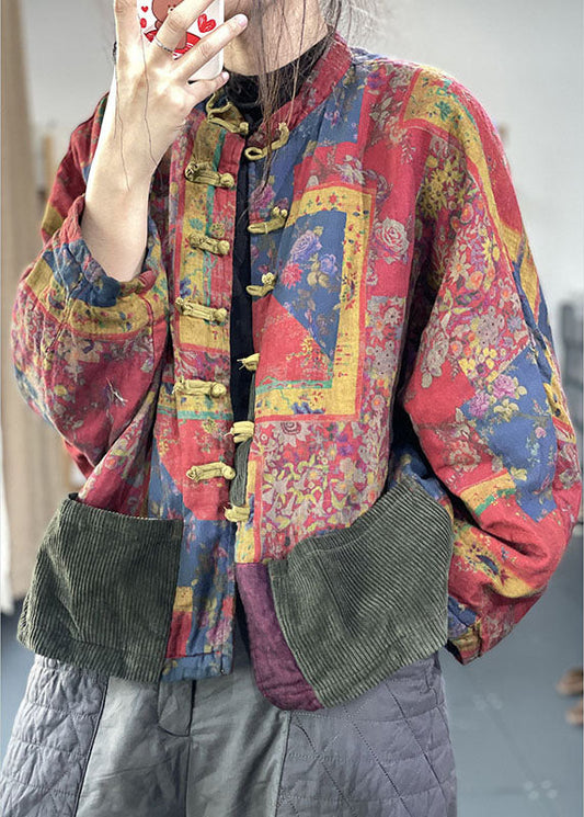 Vintage Red Pockets Button Print Fall Long sleeve Coat