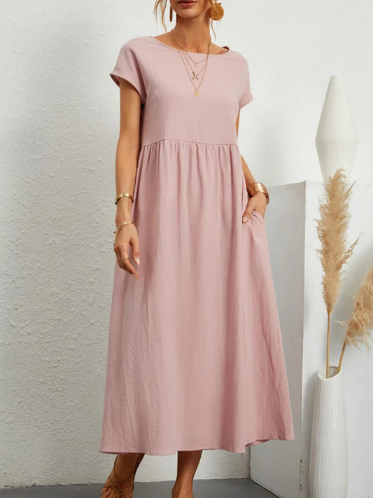 Vintage Solid Midi Dress Casual Short Sleeve Cotton And Linen Harajuku Oversized Long Dress Women Summer Y2K Maxi Sundress 2023
