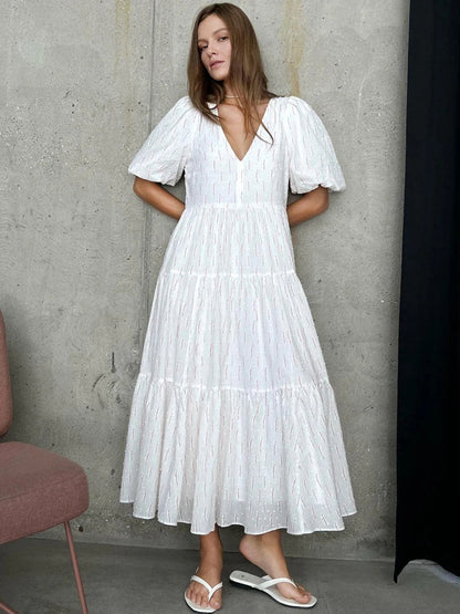 Vintage Women'S Cotton Dress 100% V Neck Elegant White Floral Print Dress Midi Long Puff Sleeve Casual Summer Dresses For Women