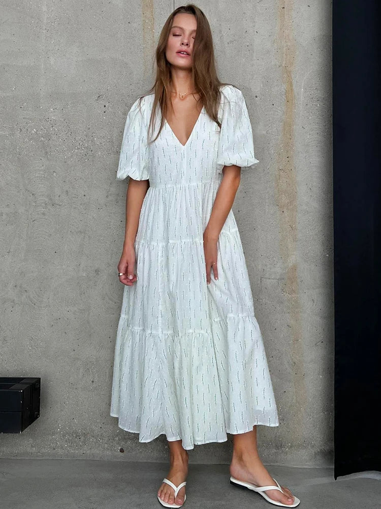 Vintage Women'S Cotton Dress 100% V Neck Elegant White Floral Print Dress Midi Long Puff Sleeve Casual Summer Dresses For Women