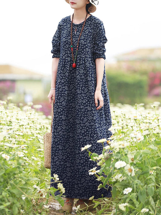 Vintage Women'S Printed Dress Spring Sundress Casual Long Sleeve Maxi Vestidos Female Floral Hollow Robe Oversized