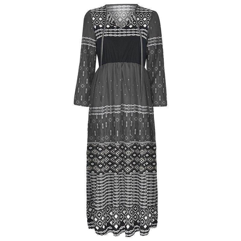 Plus Size Casual Patchwork Lange Mouwen V-Hals Lange Jurk 2019 Nieuwe Mode Lente Herfst Party Dress