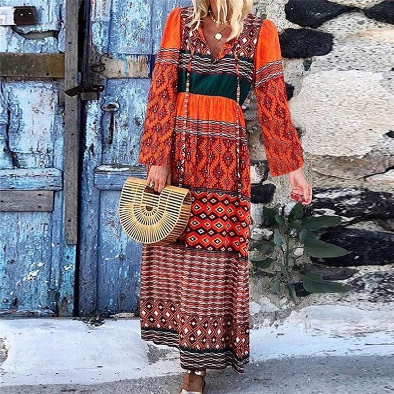 Plus Size Casual Patchwork Lange Mouwen V-Hals Lange Jurk 2019 Nieuwe Mode Lente Herfst Party Dress
