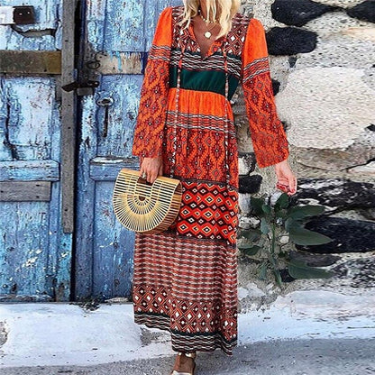 Plus Size Casual Patchwork Lange Mouwen V-Hals Lange Jurk 2019 Nieuwe Mode Lente Herfst Party Dress