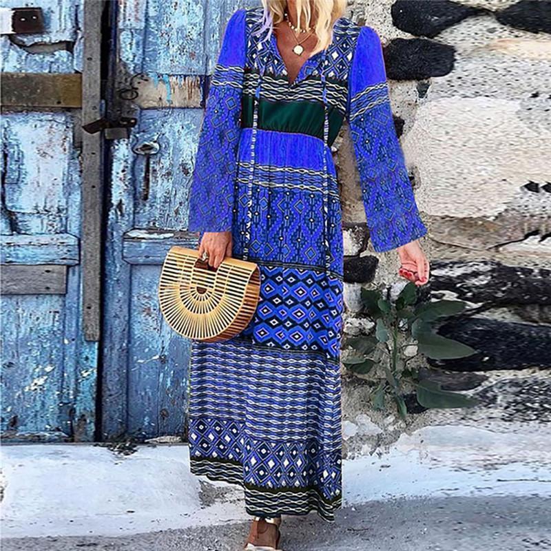 Plus Size Casual Patchwork Lange Mouwen V-Hals Lange Jurk 2019 Nieuwe Mode Lente Herfst Party Dress