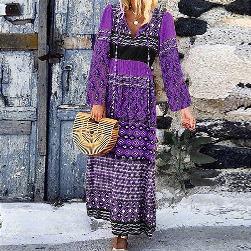 Plus Size Casual Patchwork Lange Mouwen V-Hals Lange Jurk 2019 Nieuwe Mode Lente Herfst Party Dress