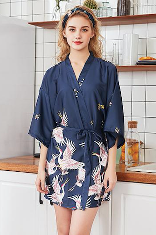 Silk Crane Pajama Girl Summer Mid Sleeve Bride Morning Robe Big Yard Home Robe Bathrobe Color56