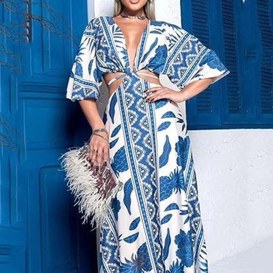 Wefads Women Maxi Dress Summer Temperament Printed V Neck Half Sleeve Hollow Out Open Waist Lace Up Beach Dresses Streetwear