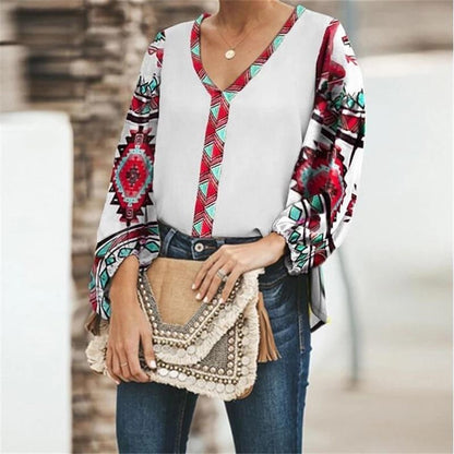 Autumn Floral Print Loose Casual Long-Sleeved Women Shirt Tops