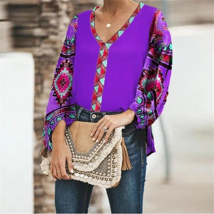 Autumn Floral Print Loose Casual Long-Sleeved Women Shirt Tops