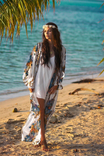 Plus Size Beach Robe Floral Long Sleeve Cover Up