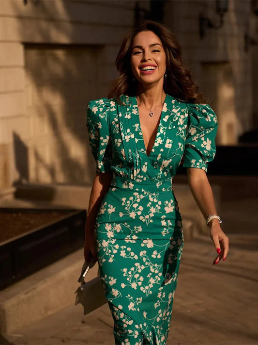 Women Elegant Green Print High Waist Midi Dress Fashion V-Neck Puff Short Sleeves Bodycon Dresses 2024 Chic Lady Street Vestidos