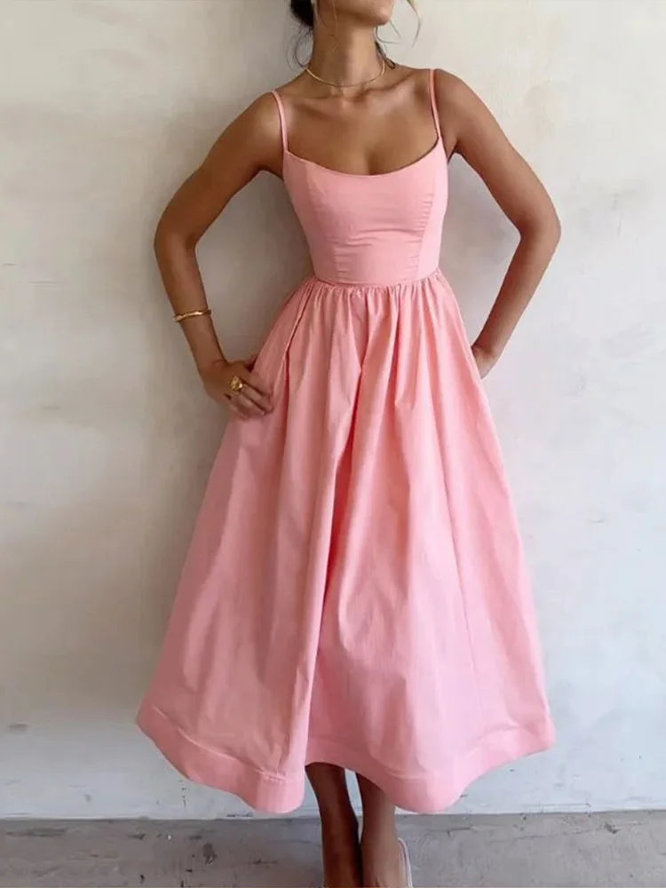Women Elegant Solid Spaghetti Strap Midi Dress Fashion U-Neck Sleeveless Backless Pocket Dresses Summer Lady Party A-Line Robes
