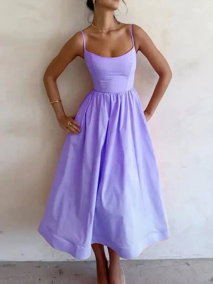 Women Elegant Solid Spaghetti Strap Midi Dress Fashion U-Neck Sleeveless Backless Pocket Dresses Summer Lady Party A-Line Robes
