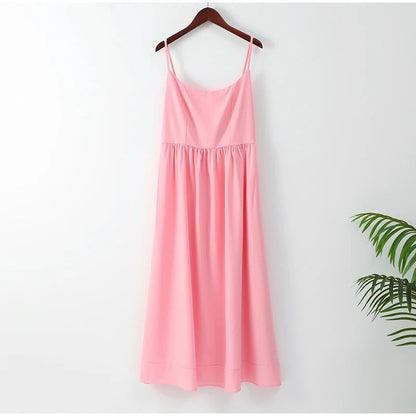 Women Elegant Solid Spaghetti Strap Midi Dress Fashion U-Neck Sleeveless Backless Pocket Dresses Summer Lady Party A-Line Robes