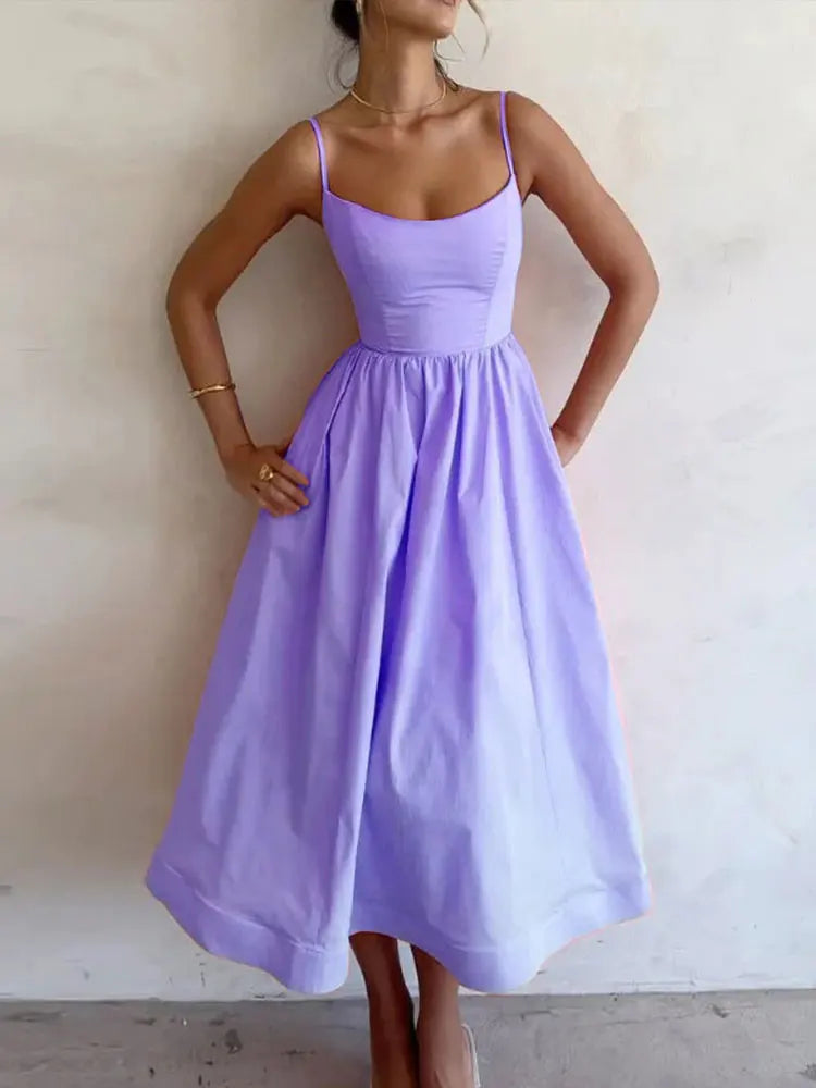 Women Elegant Solid Spaghetti Strap Midi Dress Fashion U-Neck Sleeveless Backless Pocket Dresses Summer Lady Party A-Line Robes
