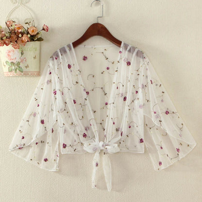 Women Mesh Sheer Cover Ups Shirts Tops Floral Embroidery Long Sleeve See-Through Cardigan Blouse Beach Boho Shawl Bathing Suit