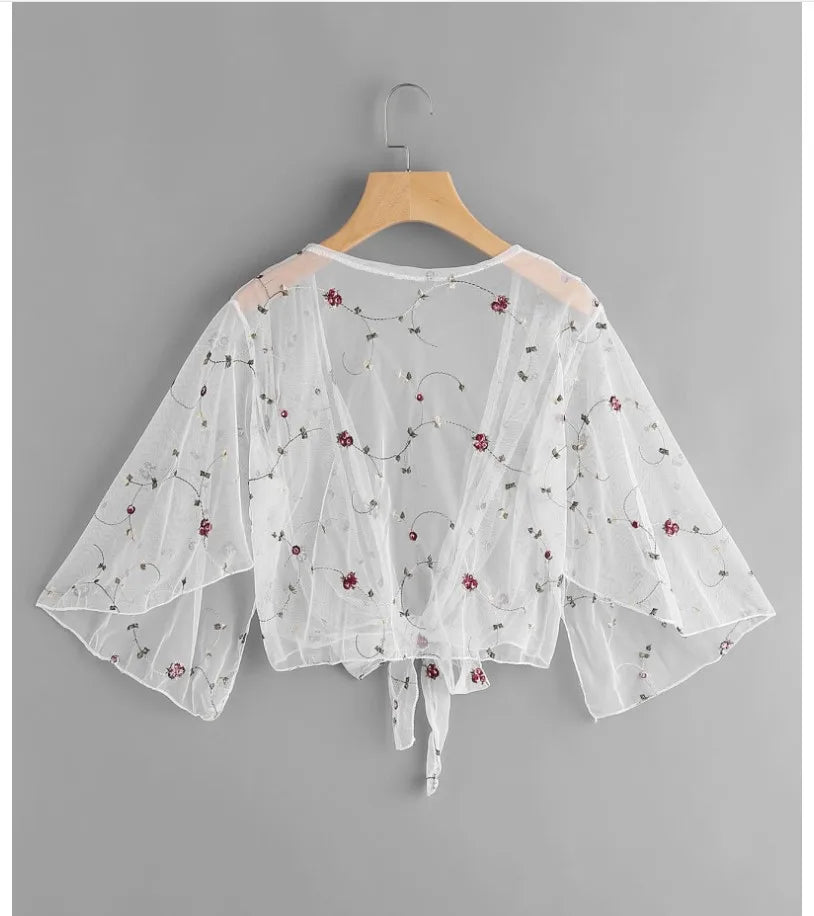 Women Mesh Sheer Cover Ups Shirts Tops Floral Embroidery Long Sleeve See-Through Cardigan Blouse Beach Boho Shawl Bathing Suit