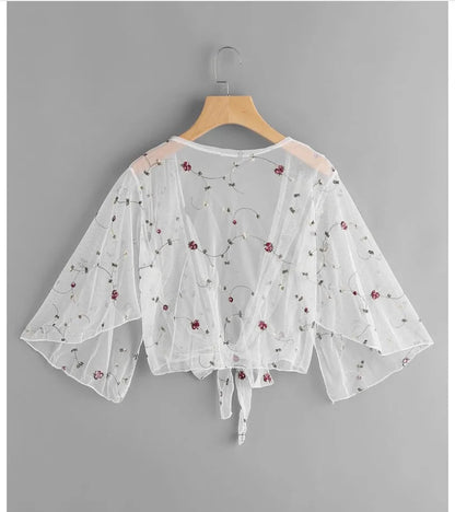 Women Mesh Sheer Cover Ups Shirts Tops Floral Embroidery Long Sleeve See-Through Cardigan Blouse Beach Boho Shawl Bathing Suit