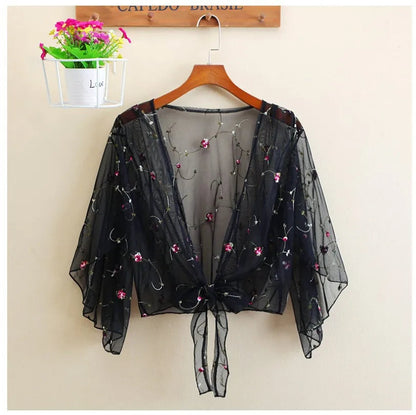 Women Mesh Sheer Cover Ups Shirts Tops Floral Embroidery Long Sleeve See-Through Cardigan Blouse Beach Boho Shawl Bathing Suit