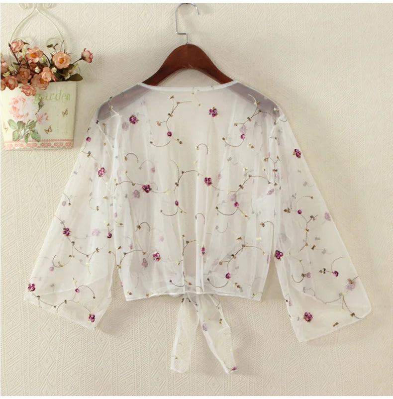 Women Mesh Sheer Cover Ups Shirts Tops Floral Embroidery Long Sleeve See-Through Cardigan Blouse Beach Boho Shawl Bathing Suit