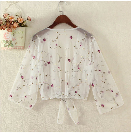 Women Mesh Sheer Cover Ups Shirts Tops Floral Embroidery Long Sleeve See-Through Cardigan Blouse Beach Boho Shawl Bathing Suit