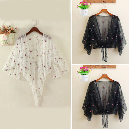 Women Mesh Sheer Cover Ups Shirts Tops Floral Embroidery Long Sleeve See-Through Cardigan Blouse Beach Boho Shawl Bathing Suit