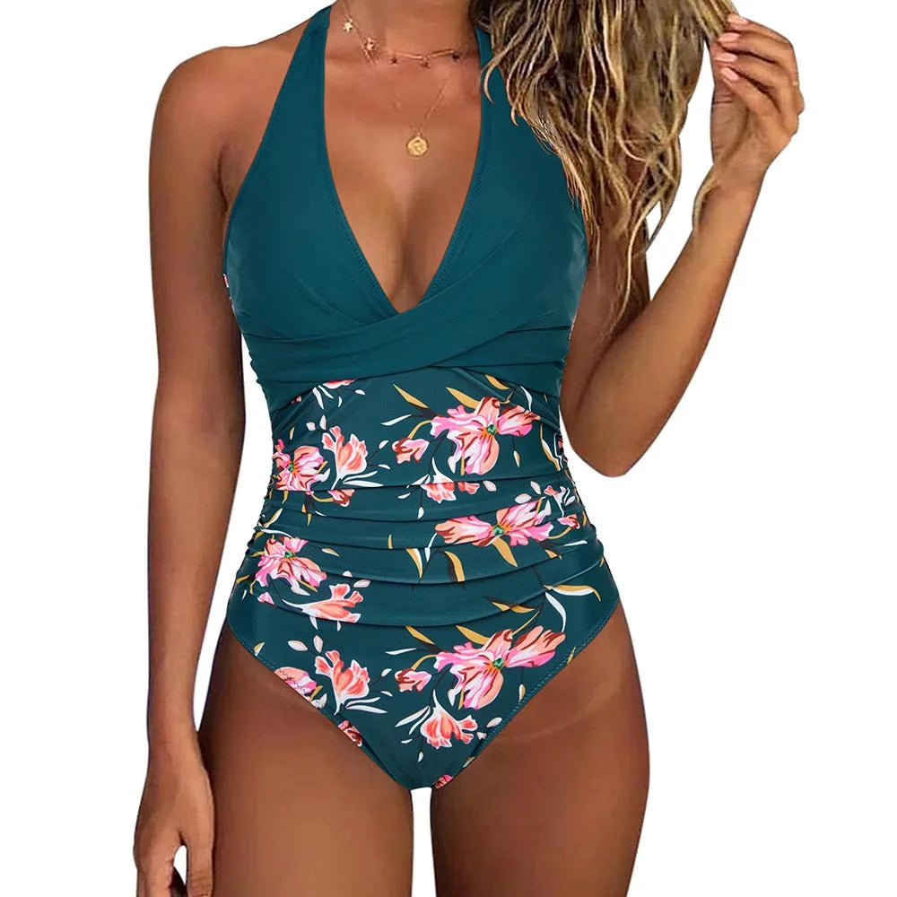 Women One Piece Set Swimsuit Print  Backless Puch Up Solid Sexy Women'S Swimwear Bandage Ruched Female Bathing Suit Beachwear