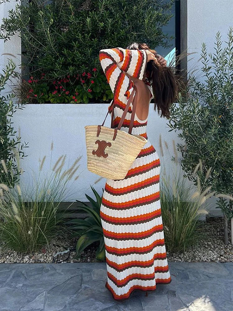 Women'S Cotton Knitted Bodycon Backless Dress Striped Hollowed Out Flared Sleeves Ruffle Vestidos O-Neck Vacation  Wave Cut Robe