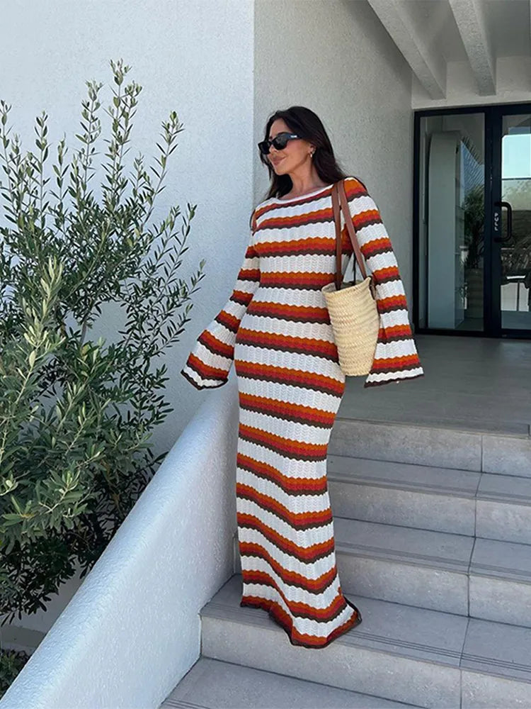 Women'S Cotton Knitted Bodycon Backless Dress Striped Hollowed Out Flared Sleeves Ruffle Vestidos O-Neck Vacation  Wave Cut Robe
