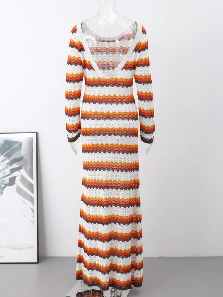 Women'S Cotton Knitted Bodycon Backless Dress Striped Hollowed Out Flared Sleeves Ruffle Vestidos O-Neck Vacation  Wave Cut Robe