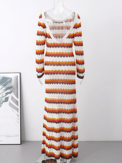 Women'S Cotton Knitted Bodycon Backless Dress Striped Hollowed Out Flared Sleeves Ruffle Vestidos O-Neck Vacation  Wave Cut Robe
