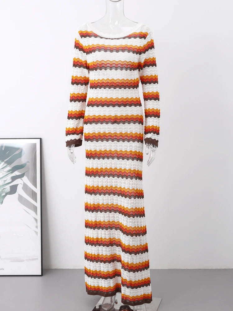 Women'S Cotton Knitted Bodycon Backless Dress Striped Hollowed Out Flared Sleeves Ruffle Vestidos O-Neck Vacation  Wave Cut Robe